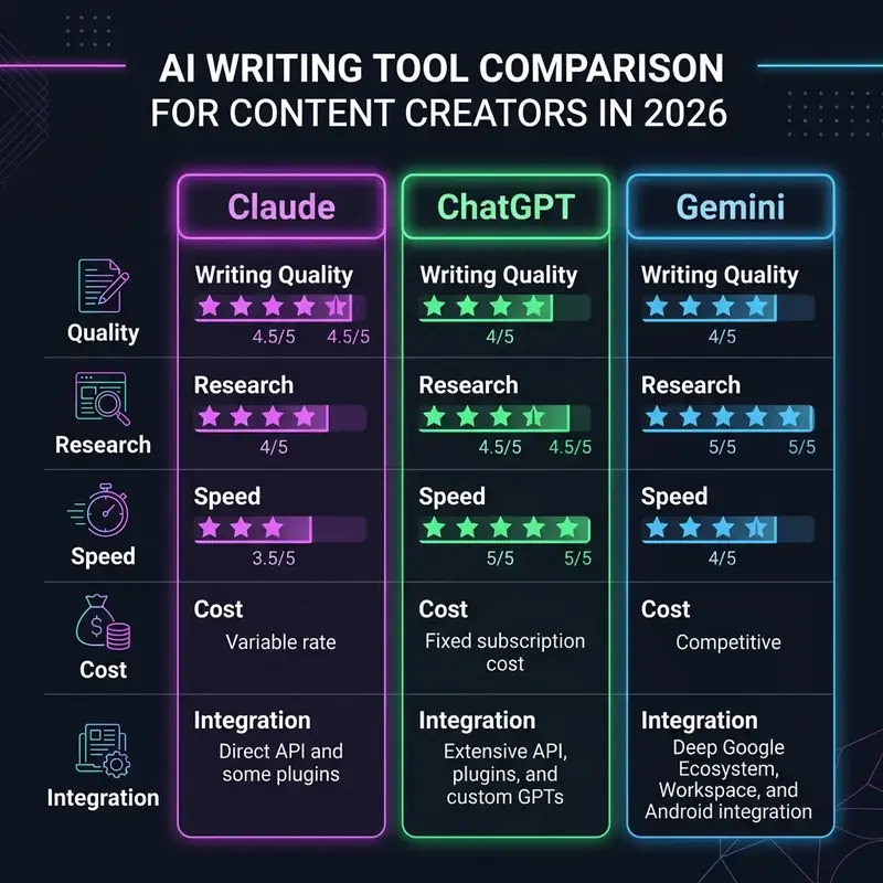 Comparison infographic showing Claude, ChatGPT, and Gemini scoring across writing metrics for content creators in 2026