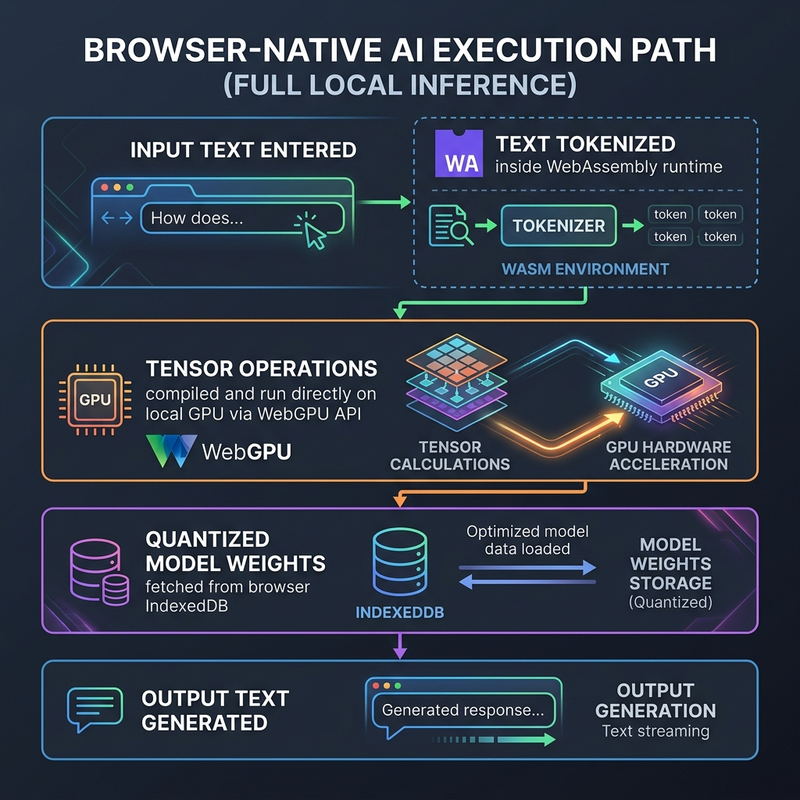 Execution path: Input -> Tokenizer (WASM) -> GPU Tensors (WebGPU) -> Local Weights (IndexedDB) -> Output