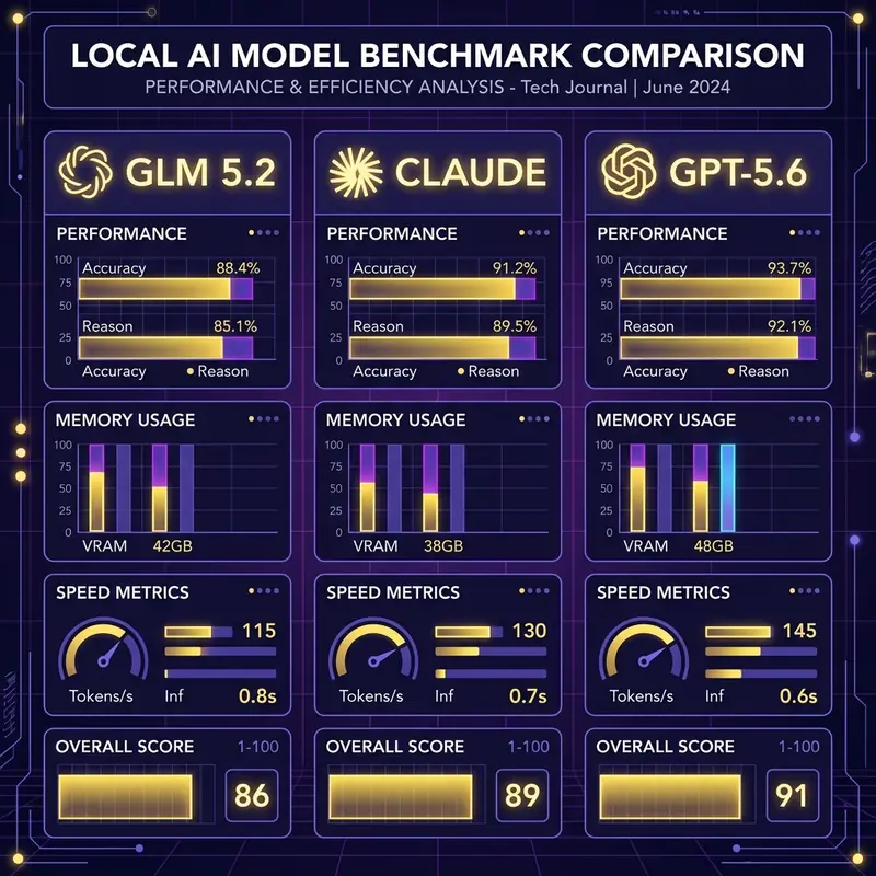 Local LLM benchmarks 2026 comparison chart for GLM 5.2, Claude, and GPT-5.6