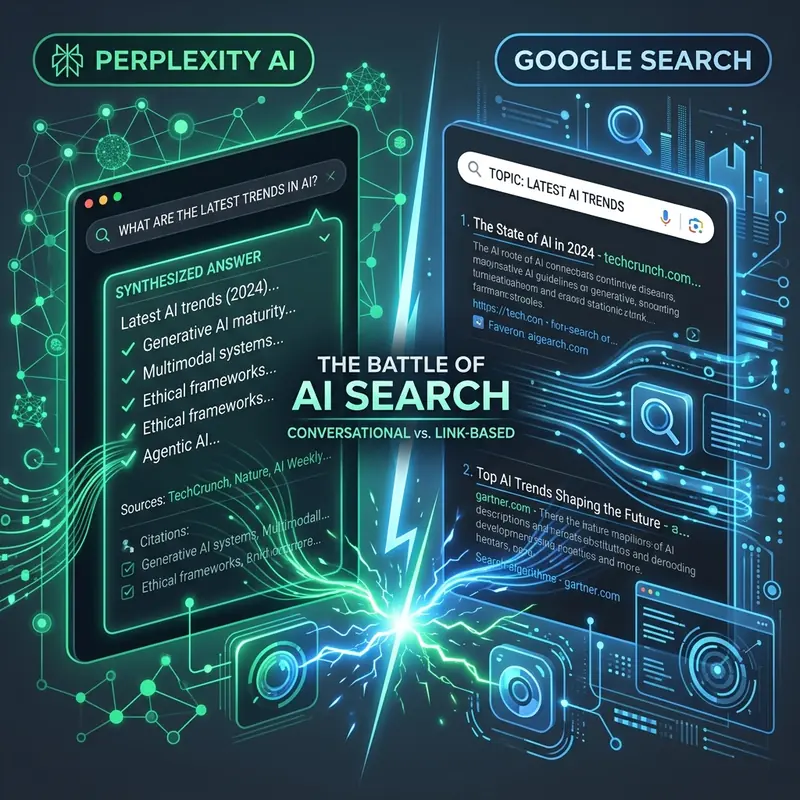 Perplexity AI search engine interface compared against Google search