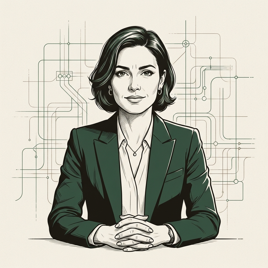 Etched portrait illustration of Priya Nair